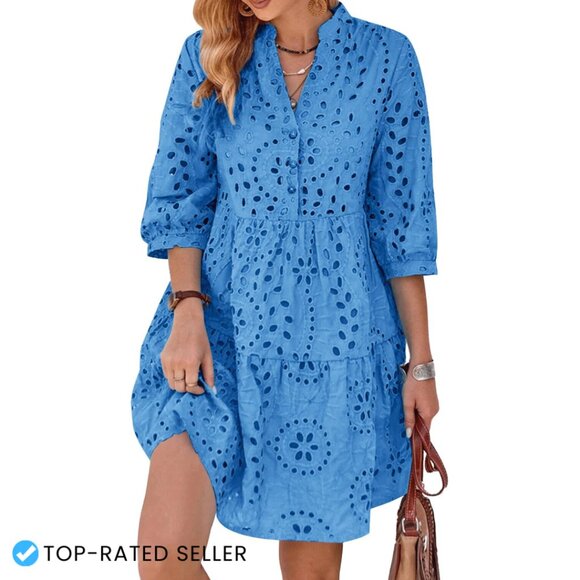 Dresses & Skirts - Eyelet Lace Midi Dress V-Neck Puff Sleeve Tiered A-Line Casual Chic